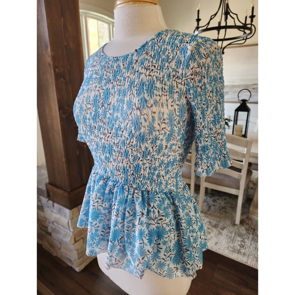 NWOT Maeve by Anthropologie Ashton Blue Floral Smocked Mesh Peplum Top XS - Picture 5 of 11